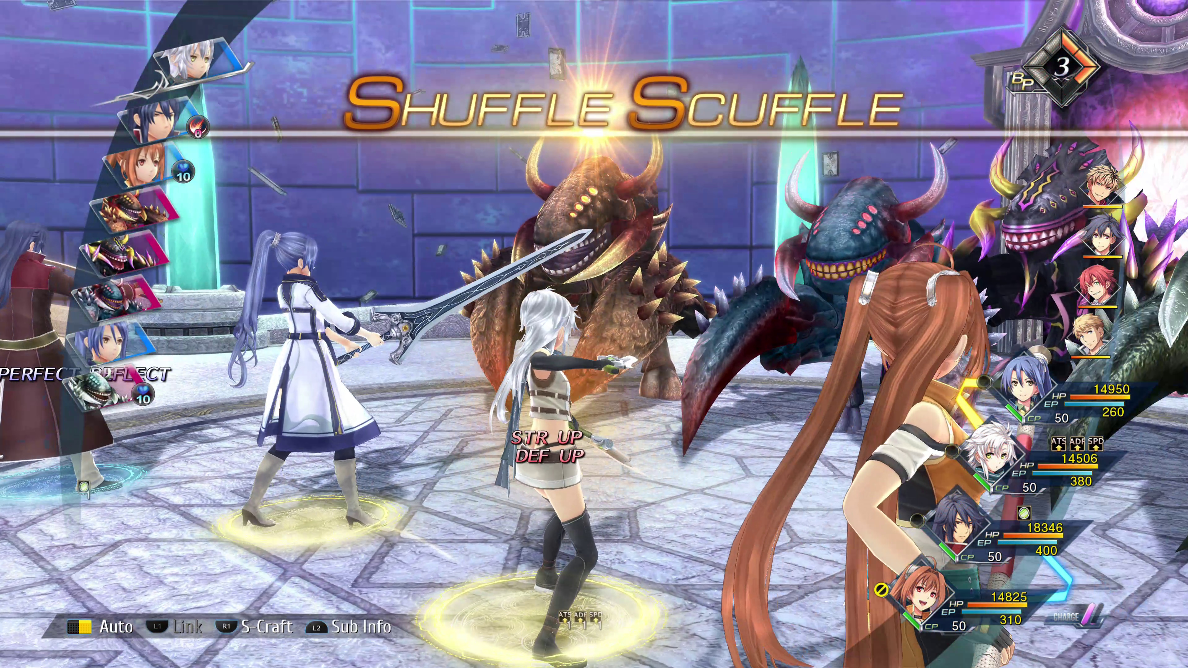 Trails into Reverie review: Three anime women armed with a stick, a sword, and a gunblade fight alongside an anime man wearing a long red coat.